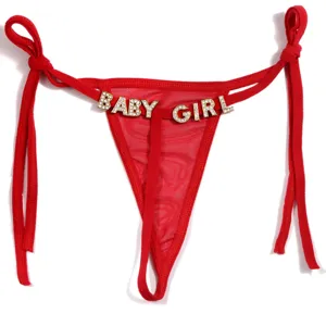 Tanga de rejilla con letras de pedrería rojo lencería sexy mujer tirantes ajustables