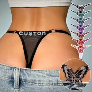Mujer sexy cintura baja tanga transparente pedrería letra personalizada ropa interior