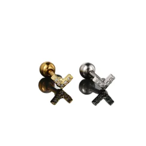 V-shaped zircon screw back barbell earrings in gold and silver finish, side view