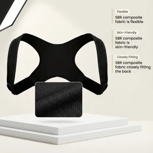 Adjustable black posture corrector back support brace with breathable SBR fabric.