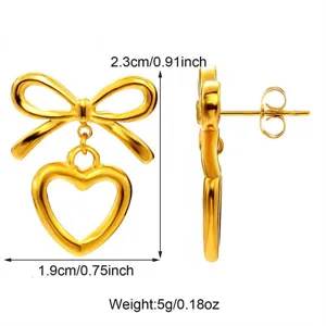 Detailed dimensions of gold bow heart drop earrings showing 2.3cm height and 5g weight