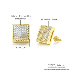 Detail view of gold-plated square hip hop stud earrings with dimensions and weight info.