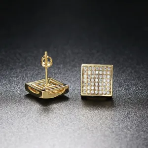 Detailed view of gold-plated square hip hop stud earrings with micro-pave cubic zirconia