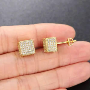 Macro view of gold square stud earrings with micro-pavé CZ and screw back detail