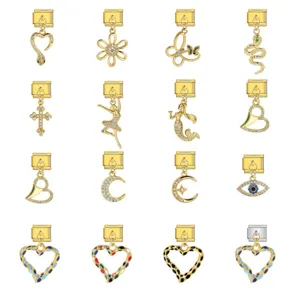 Stainless Steel Gold Plated Italian Charm Modular Bracelet Link Rhinestone Heart Snake Cross Butterfly Ballerina Jewelry Charms