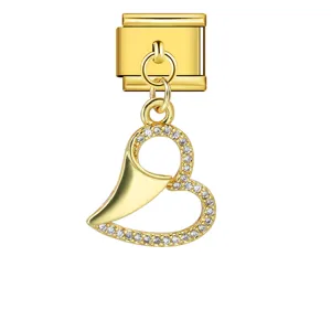 Gold-plated heart dangle Italian charm for modular bracelets with pavé stones detail