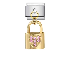 Gold heart padlock charm featuring sparkling pink crystals for modular bracelet link
