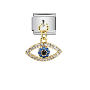 Stylish gold evil eye charm link with blue stones for modular stainless steel jewelry