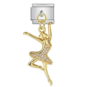 Elegant gold ballerina charm pendant with sparkling stones on a modular bracelet link