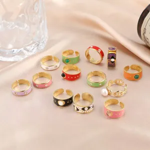 Vintage Emaille Offener Ring Edelstahl Geometrisch Verstellbarer Ring Retro Strass Schmuck Für Damen Herren Alltagsmode