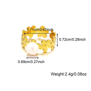 Nahaufnahme eines goldenen Blumen-Perlenrings mit Maßen und Gewichtsspezifikationen.
