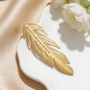 Elegant gold feather brooch with rhinestones, 18k gold plated stainless steel accessory