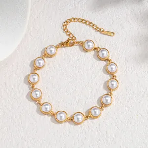Bracelet en Acier Inoxydable Rétro Français Cœur Goutte d'Eau Perle Artificielle Doux Géométrique Bijou en Acier