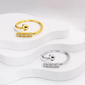 Elegant stainless steel open rings with heart and cz accents in gold and silver finish