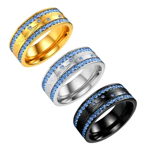 Elegante Titanstahlringe mit doppelreihigen blauen Kristallen und Retro-Gravuren