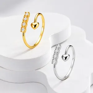 Elegant stainless steel open rings with heart and rhinestone accents in gold and silver