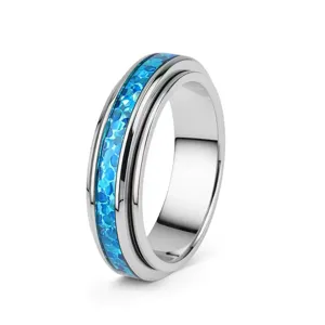 Polished silver titanium steel spinner ring featuring a vibrant blue opal inlay band design.