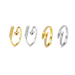 Minimalist stainless steel open rings with heart and cz accents in gold and silver finish