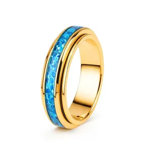 Hochwertiger goldener Spinner-Ring aus Titanstahl mit blauem Opal-Inlay für Paare