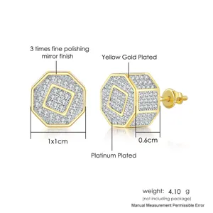 Iced out octagonal hip-hop stud earrings for men with CZ stones and screw back