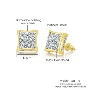 Detailed view of 1x1cm square hip hop stud earrings with zircon and screw back