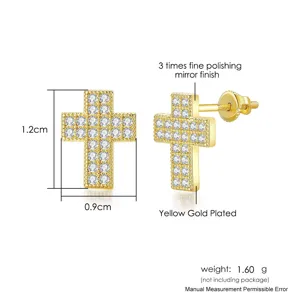 Detailed view of gold plated cross stud earrings with 1.2cm height and screw back