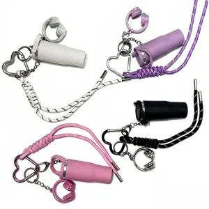 Mini sports water bottle and headphone keychain bag charm with braided paracord lanyard.