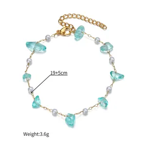 Handmade gold chain anklet featuring aqua crushed stones and elegant white pearls