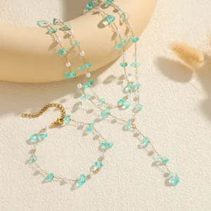 Niche Design Lake Blue Natural Stone Layered Tassel Necklace And Bracelet Jewelry Set For Women Stainless Steel Handmade Beaded Clavicle Chain Artificial Pearl Necklaces