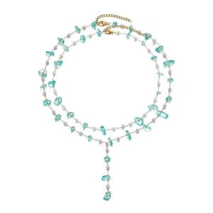 Elegant handmade double-layered necklace with lake blue stones pearls and tassel drop