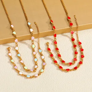 Set di Gioielli con Collana e Bracciale a Pendente Cuore Placcato Oro 18K Acciaio Inossidabile Smalto Collana Girocollo Bracciale a Catena Donna Ragazza Regalo