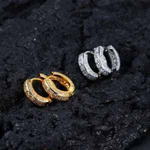 Men hip hop iced out pavé CZ hoop earrings, gold and silver geometric round ear jewelry.