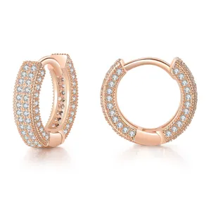 Detail view of rose gold pave zircon hoop earrings, featuring sparkling micro-set crystals.