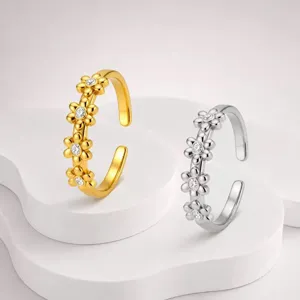 Eleganter offener Blumenring aus Edelstahl mit Kristallen in Gold- und Silberfarben
