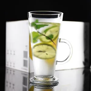 Clear glass coffee mug with handle and thick base, ideal for lattes, iced drinks and cocktails.