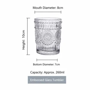 Vintage embossed glass water cup showing 10cm height and 260ml capacity details