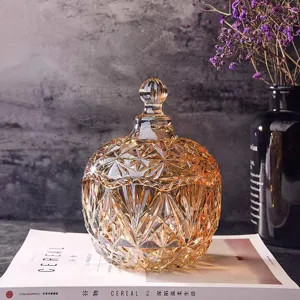 Großes geprägtes Glas-Bonbonglas mit Deckel, bernsteinfarbener Kristall-Aufbewahrungsbehälter.