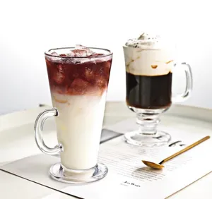 Clear glass coffee mug with handle, ideal for latte, irish coffee, smoothies, and desserts.