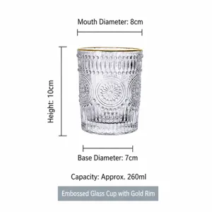 Detailed dimensions of retro sunflower glass cup with gold rim and 260ml capacity