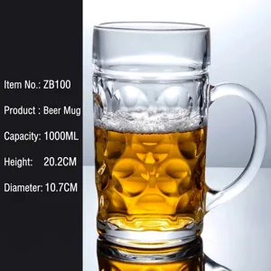 Jarra de cerveza grande de vidrio de 1000 ml con asa, altura 20,2 cm