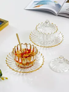 Klares Glas Lotusschüssel mit Goldrand, Deckel, Untertasse und Löffel für Dessert und Süßigkeit