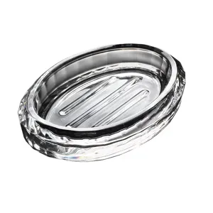Elegant oval glass soap dish with decorative cut crystal pattern for bathroom