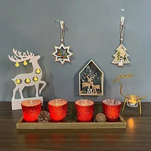 Christmas scented glass candle holder set with wooden tray and red mercury glass cups for home decor