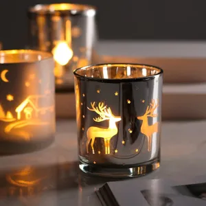 Handmade glass candle holder with glowing deer and star patterns, perfect for romantic home decor.