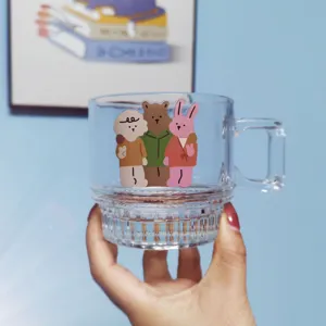 Ins Style Cute Cartoon Animal Glass Mug High Temperature Decal Glass Coffee Milk Water Cup Home Drinkware Gift