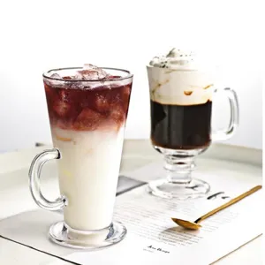 Clear glass coffee mug set with handle for latte cappuccino milkshake and dessert drinks.