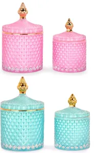 Set europäischer Vorratsgläser in Pink und Blau mit Rautenmuster und elegantem Goldrand
