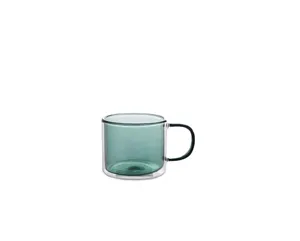 Double wall glass coffee mug green insulated tea cup for office breakfast milk use