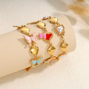 French Sweet Style Enamel Butterfly Heart Bracelet For Women 18K Gold Plated Stainless Steel Adjustable Girly Jewelry Bracelet Gift