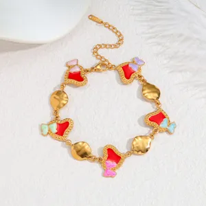 Elegant French style enamel heart and butterfly charm bracelet with 18k gold plating finish